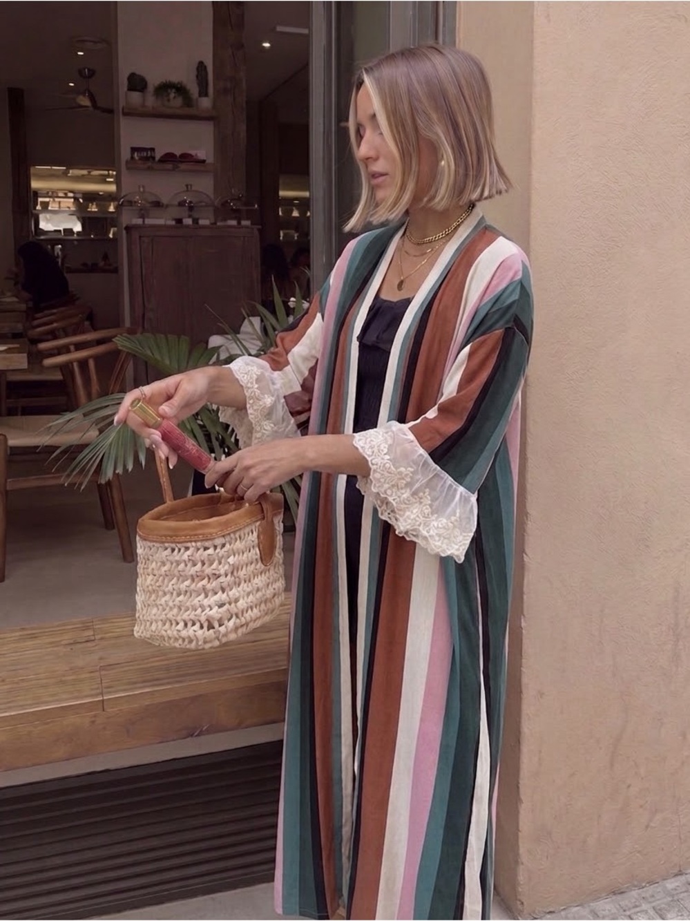 Pinkblush Multicolor Vertical Stripes Open Front Lace Wide Cuffs Kimono Size L